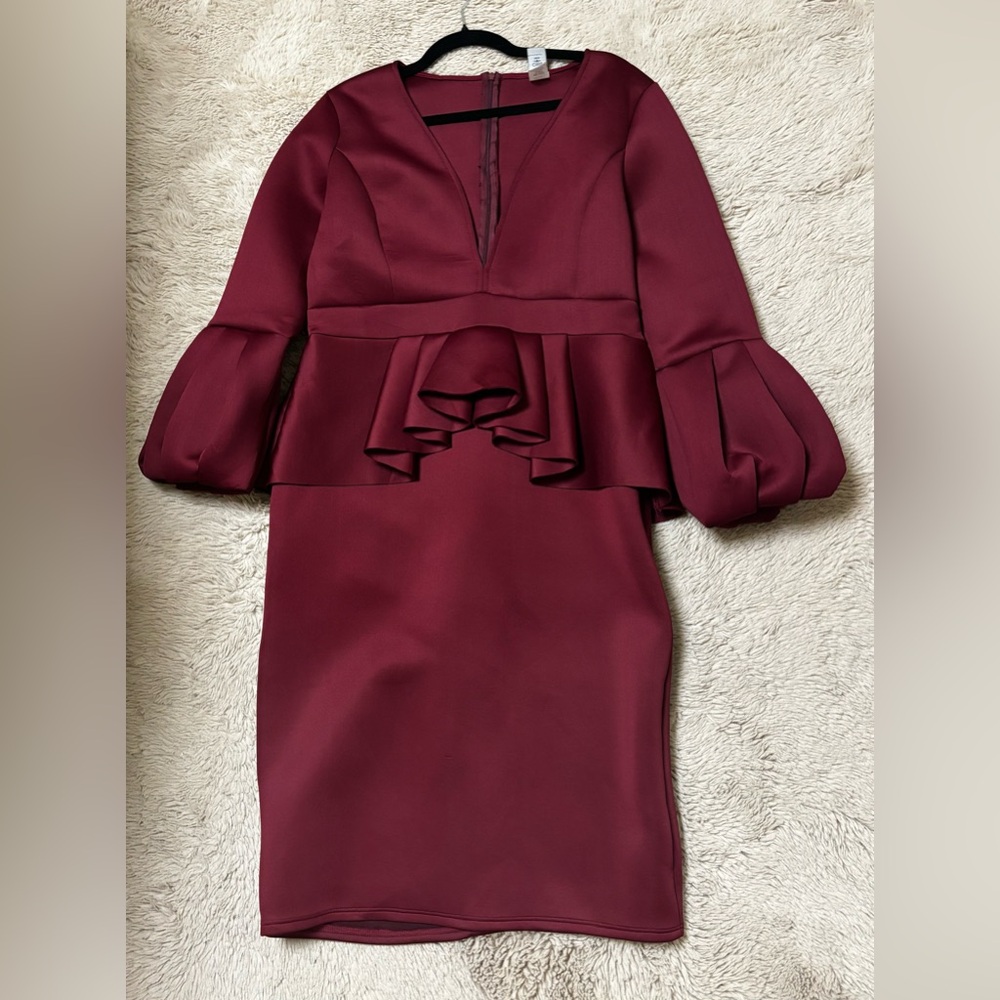 Burgundy Red Formal Dress Women Plus Size 3X V Neck 3/4 Bell Sleeve Knee Length